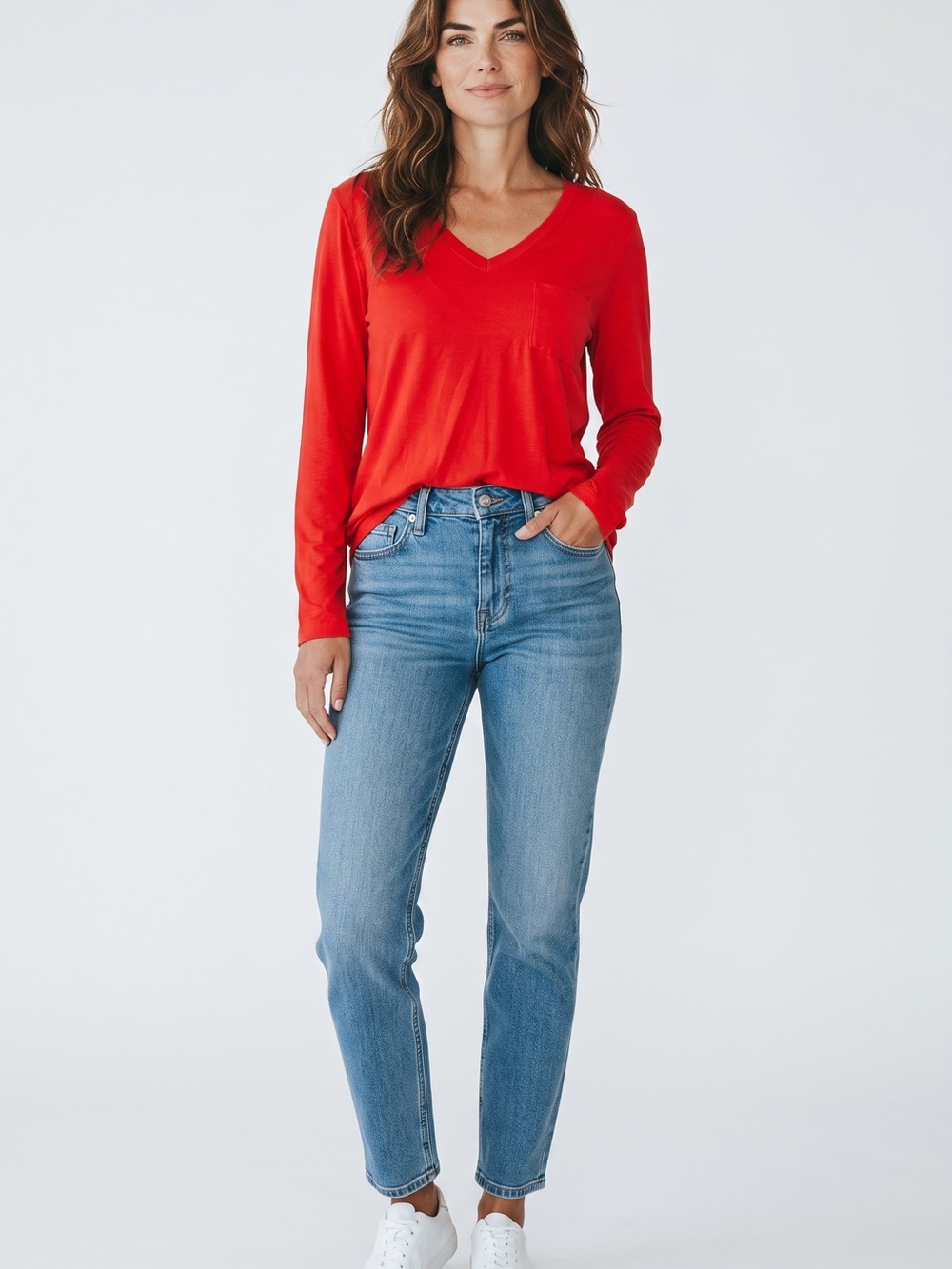 Everyday V-Neck Long Sleeve Tee in Red - Picture 1 of 6